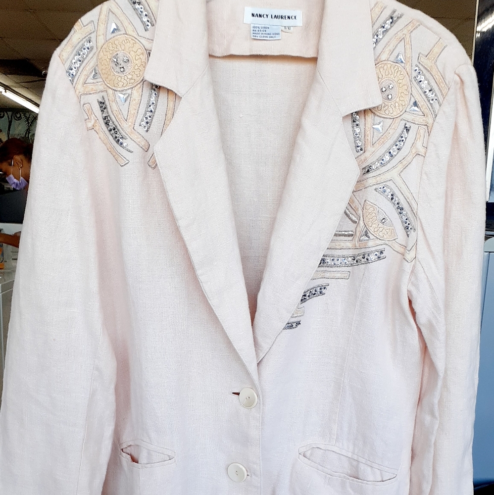 TRUE VTG 80's PINK Linen Blazer jeweled Jacket Nancy Laurence blazer size 9 / 10
